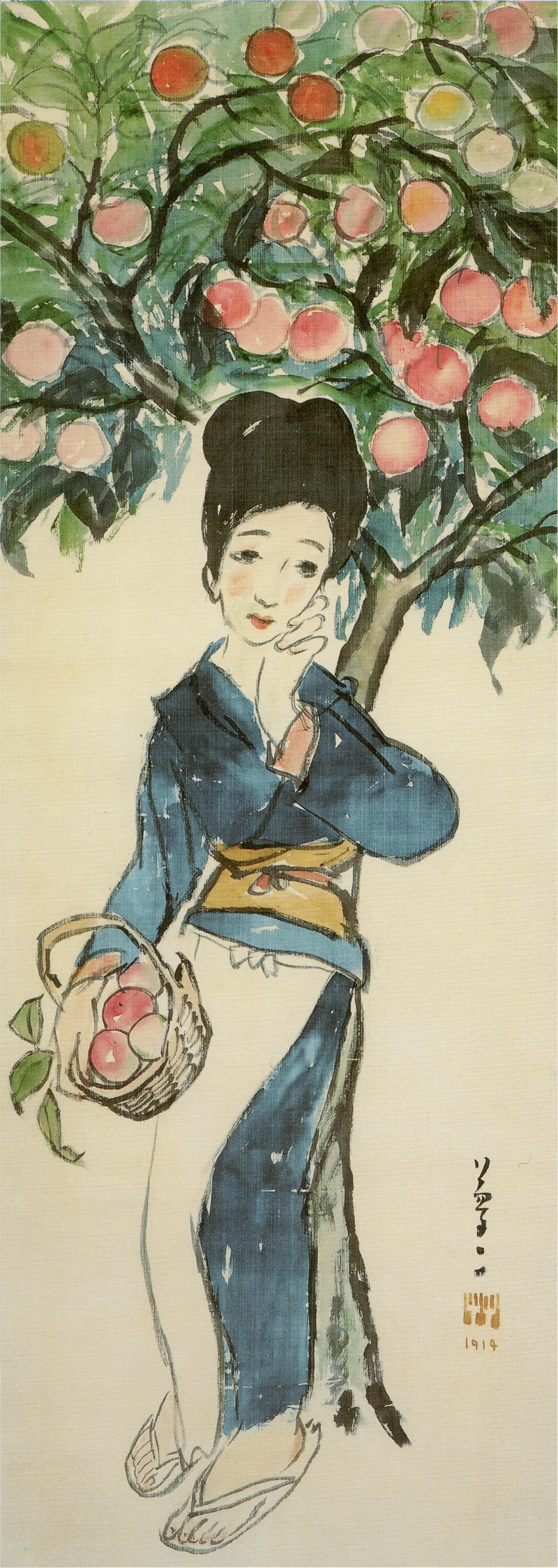 A woman in a blue kimono stands under an apple tree holding a basket of red apples, on a tall narrow sheet.