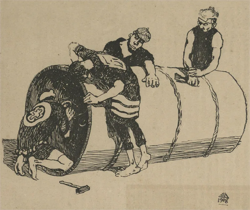 Three workmen lean over a large barrel in dense black brush strokes on warm grey paper.