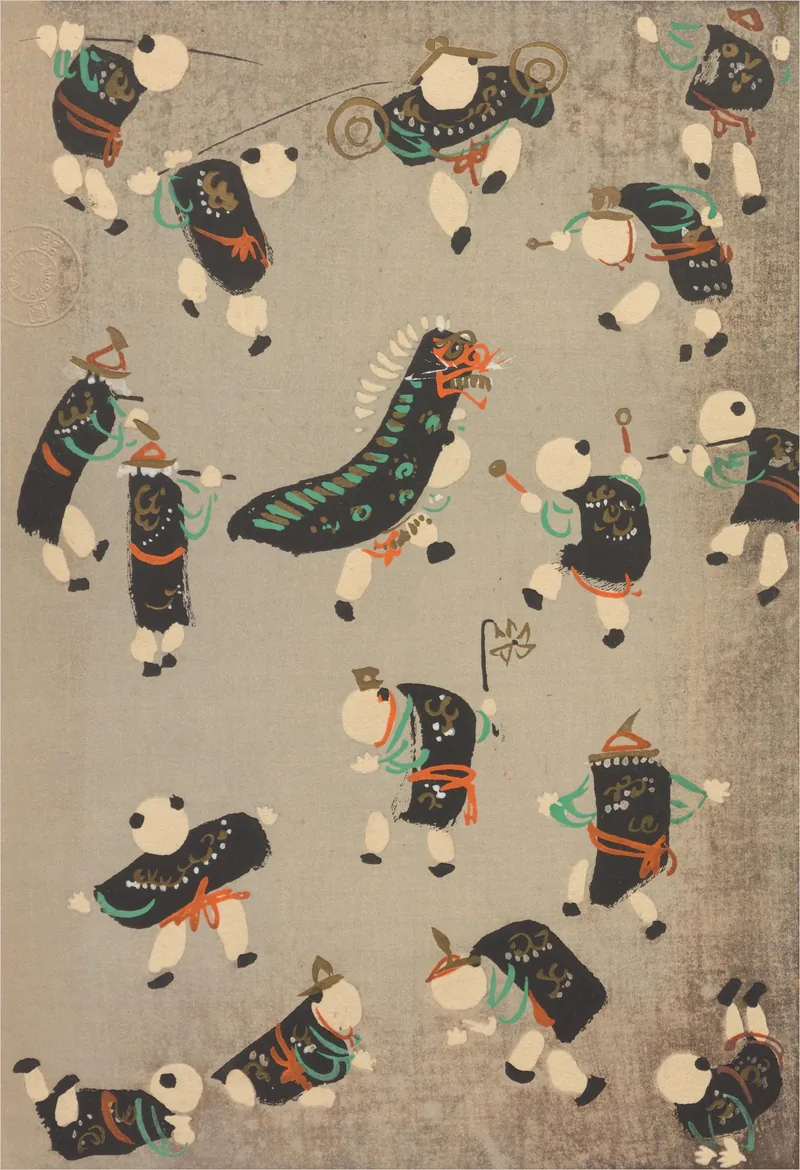 Small children in dark robes and round white caps tumble across a pale grey field, one flying a green dragon kite.