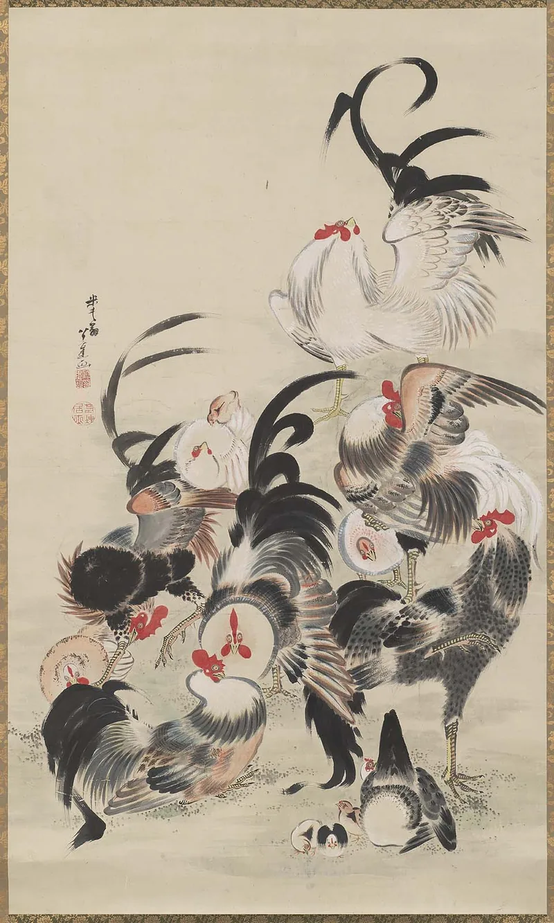 A crowd of roosters and hens in black, white and brown, drawn in loose brush strokes on pale paper, with two chicks at the bottom edge.
