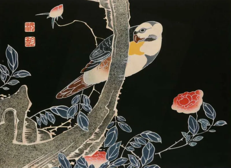 A parrot with a yellow throat sits on a curving grey branch among blue-leaved roses on a black ground, with two red seals at the upper left.