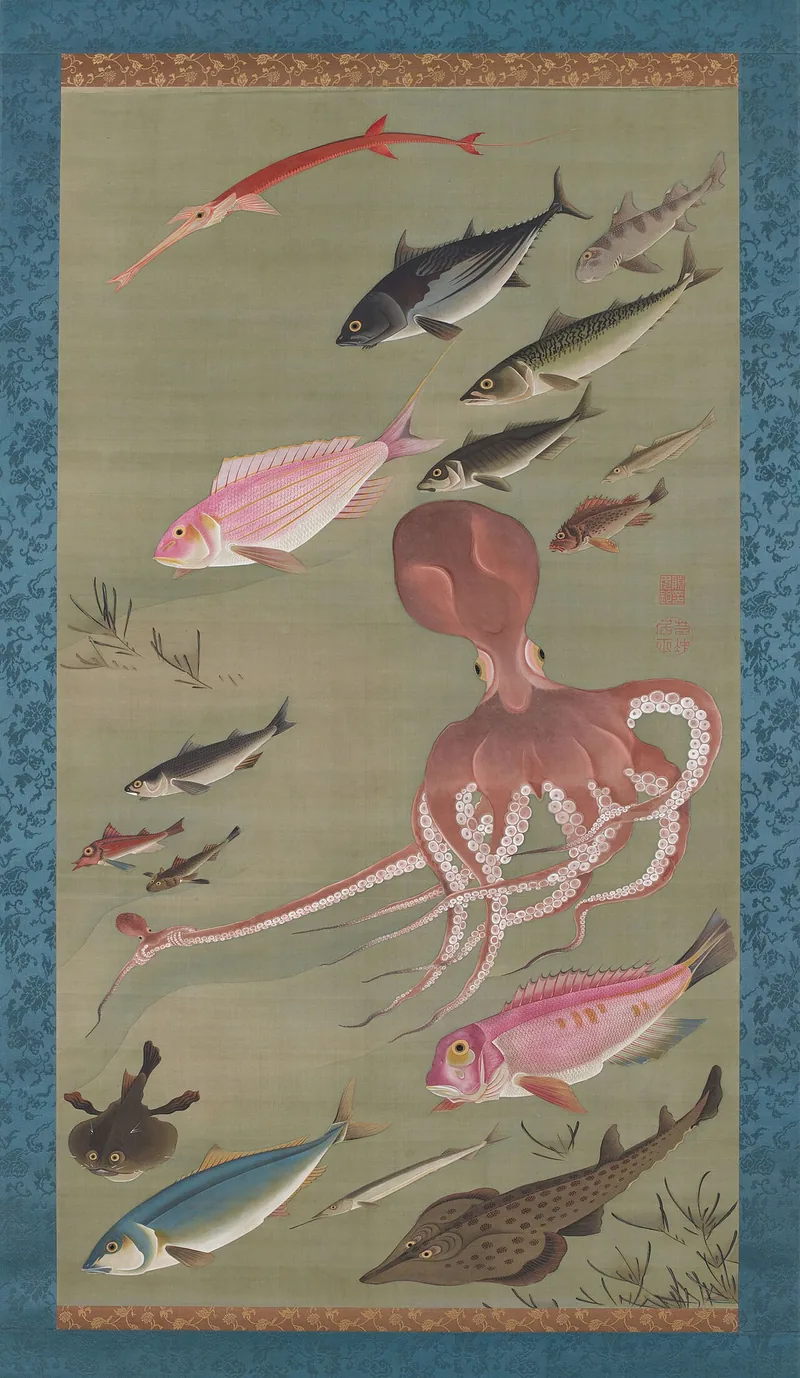A pink octopus hangs in the middle of a pale green ground with fish swimming around it: a red needlefish at the top, a pink sea bream at the lower right, and smaller silver and striped fish in between.